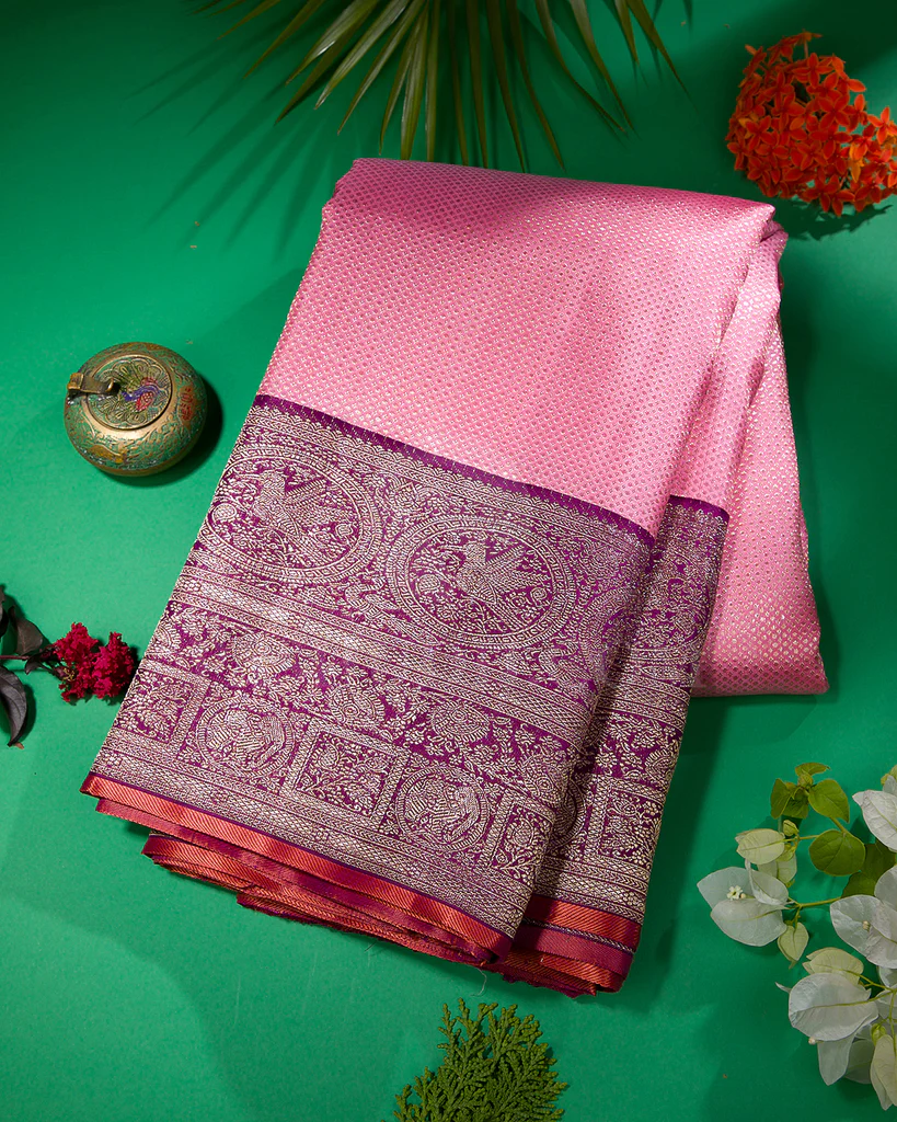 Traditional pink silk saree example for Old Silk Saree Buyers in Chickpet